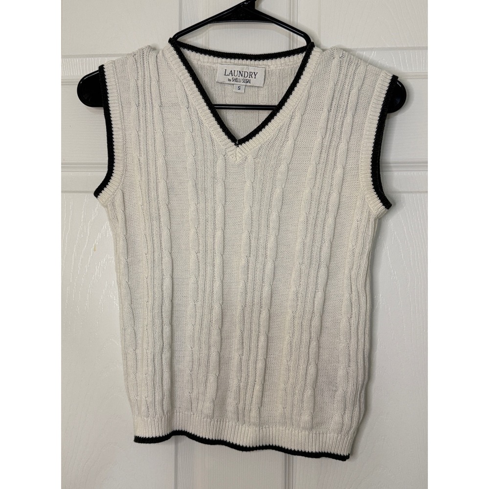 Laundry by Shelli Segal Sweater Vest Preppy Womens S White Black Cable Knit